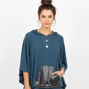 Heather Blue  & Black Hooded Half Dolman Sleeve Cape Top M